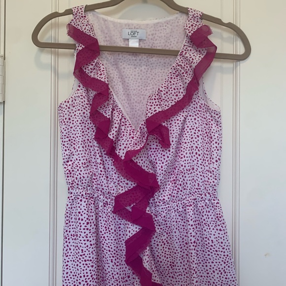 HOT PINK/FUCHSIA/WHITE💖ANN TAYLOR/LOFT PETITES XSP SILK RUFFLE MINI DRESS - Picture 9 of 9